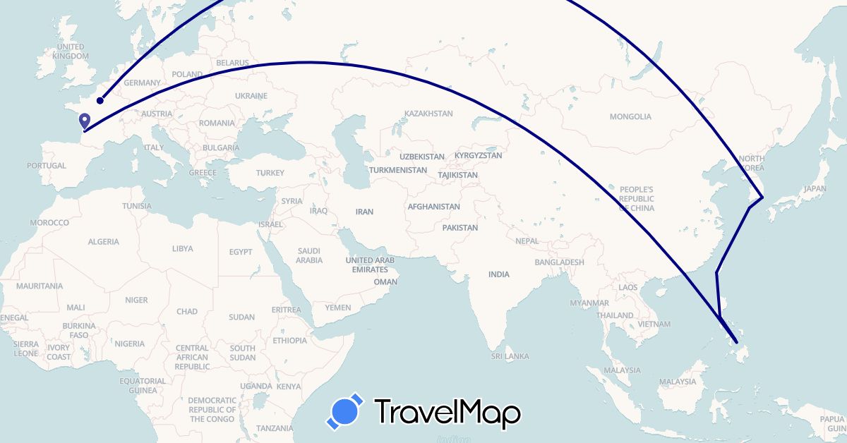 TravelMap itinerary: driving in China, France, South Korea, Philippines, Taiwan (Asia, Europe)